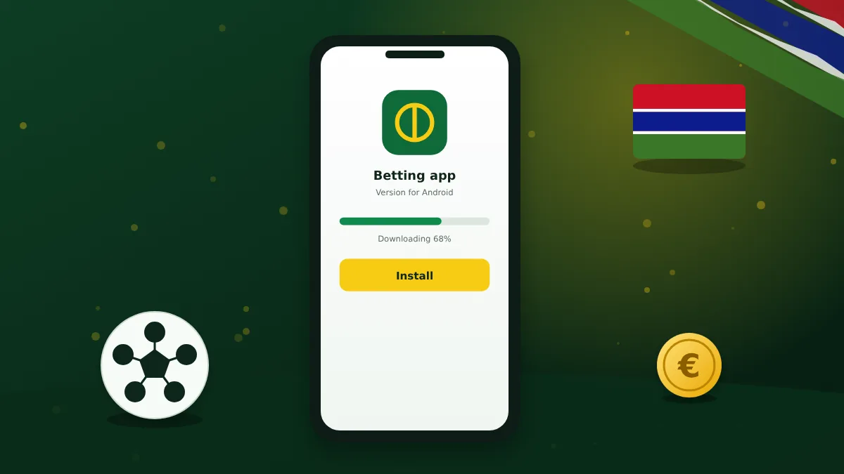 Phone downloading the app beside a football and the Gambian flag
