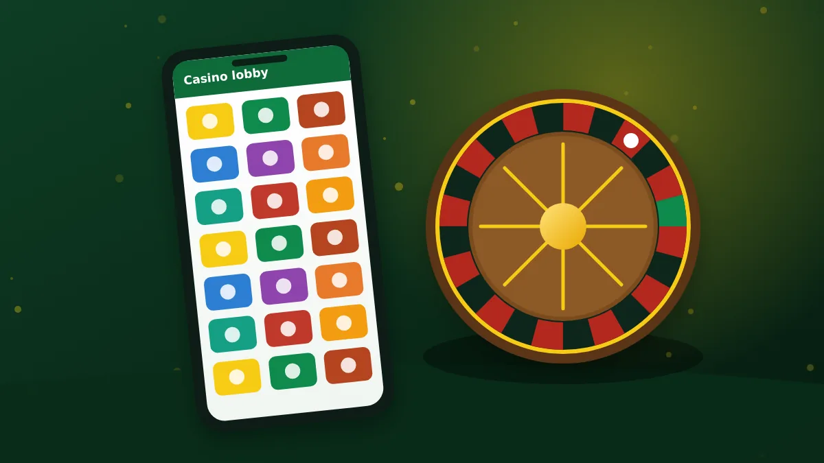 Phone with a casino lobby next to a roulette wheel